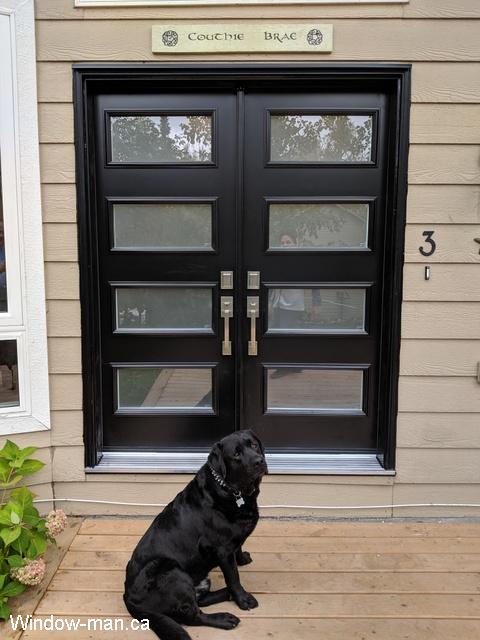 A Dog and Double front entry steel insulated black contemporary exterior doors installation. Modern shaker style. Four Acid etched glass Privacy Glass. Lorraine retro collection
